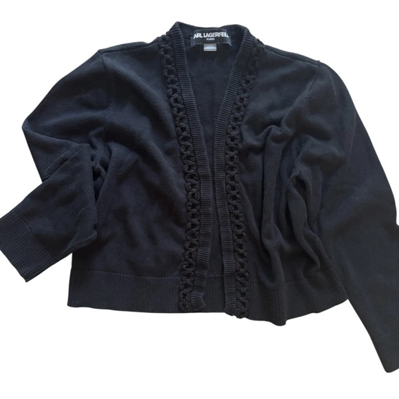 Karl Lagerfeld Cardigan Sweater Womens Med Black Paris Piping Trim Cropped 90s - Picture 1 of 5